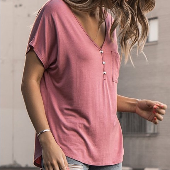 Hippie Chic Tops - Mauve Button Up V-Neck Pocket Tee